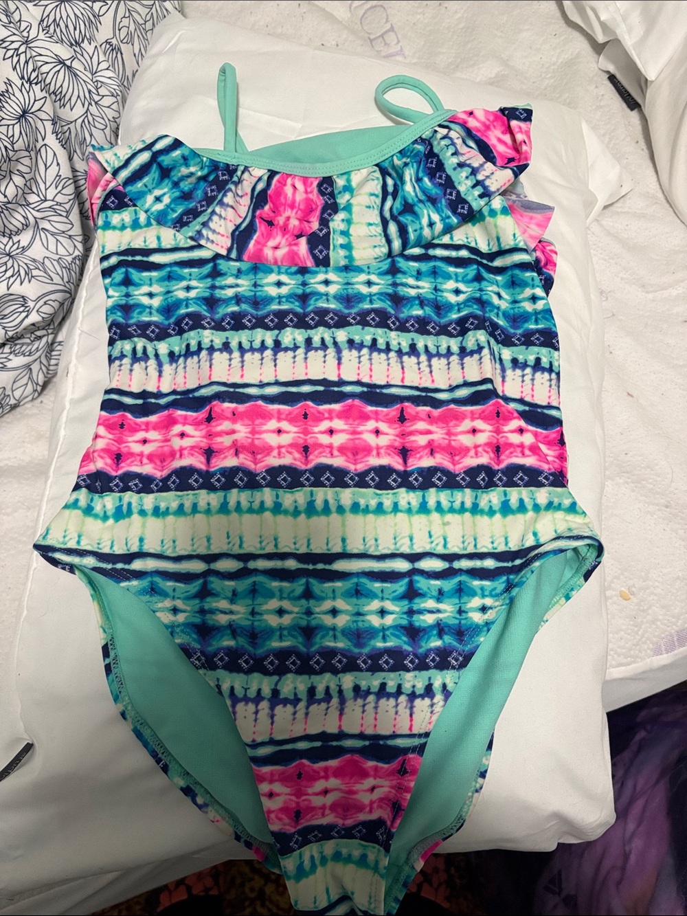 George Mint & Multicolor Striped Ruffle One-Piece Swimsuit